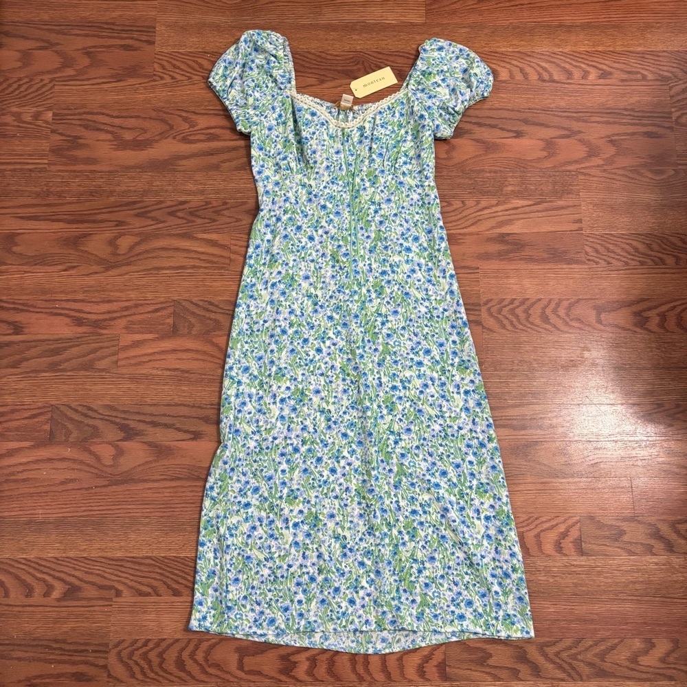 Monteau blue floral puff-sleeve midi dress